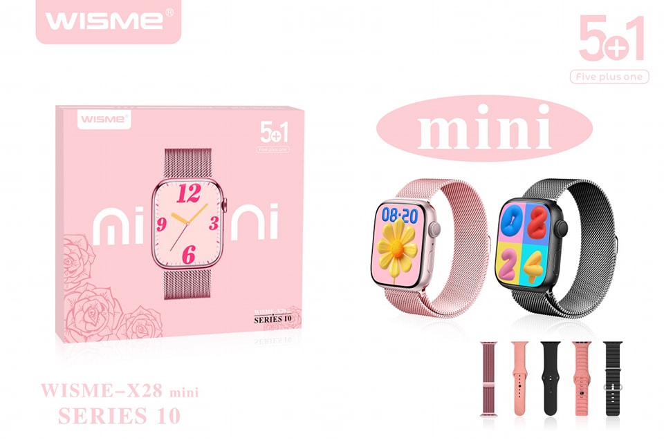 BİLİŞİM BURADA X28 Mini Series 10 Pembe Akıllı Saat  5 Kayışlı, Kablosuz Şarjlı, Şık Tasarım, Hızlı Kargo